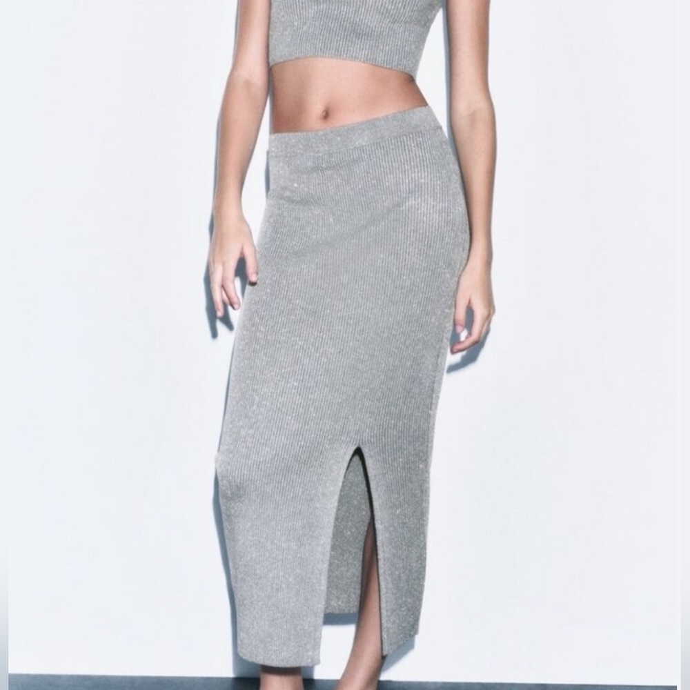 Zara Silver Metallic Thread Knit Midi Skirt Size Medium